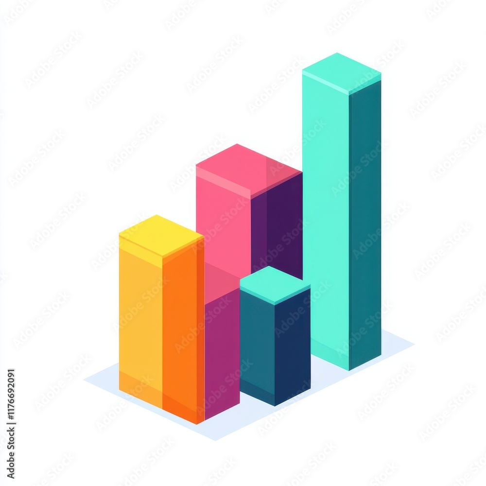Poster colorful isometric bar graph representing data growth and analysis.