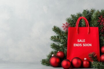 Christmas sales limited time concept. A festive red bag with 