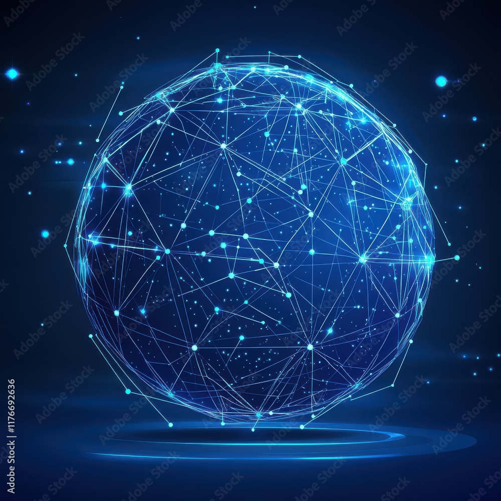 Poster a glowing 3d rendering of a digital globe, showcasing interconnected lines and nodes on a blue backg