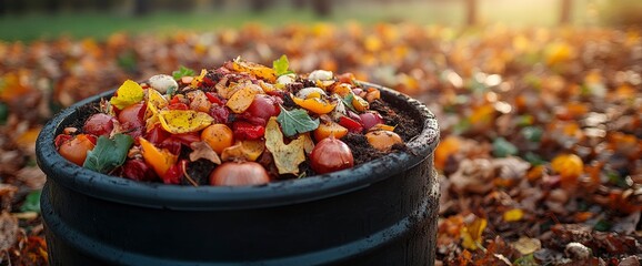Autumn Compost Bin Filled with Colorful Organic Waste