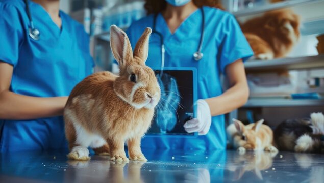 A veterinarian with a statoscope examines an animal in the clinic. Pet health care concept. Advertising background for veterinary service.