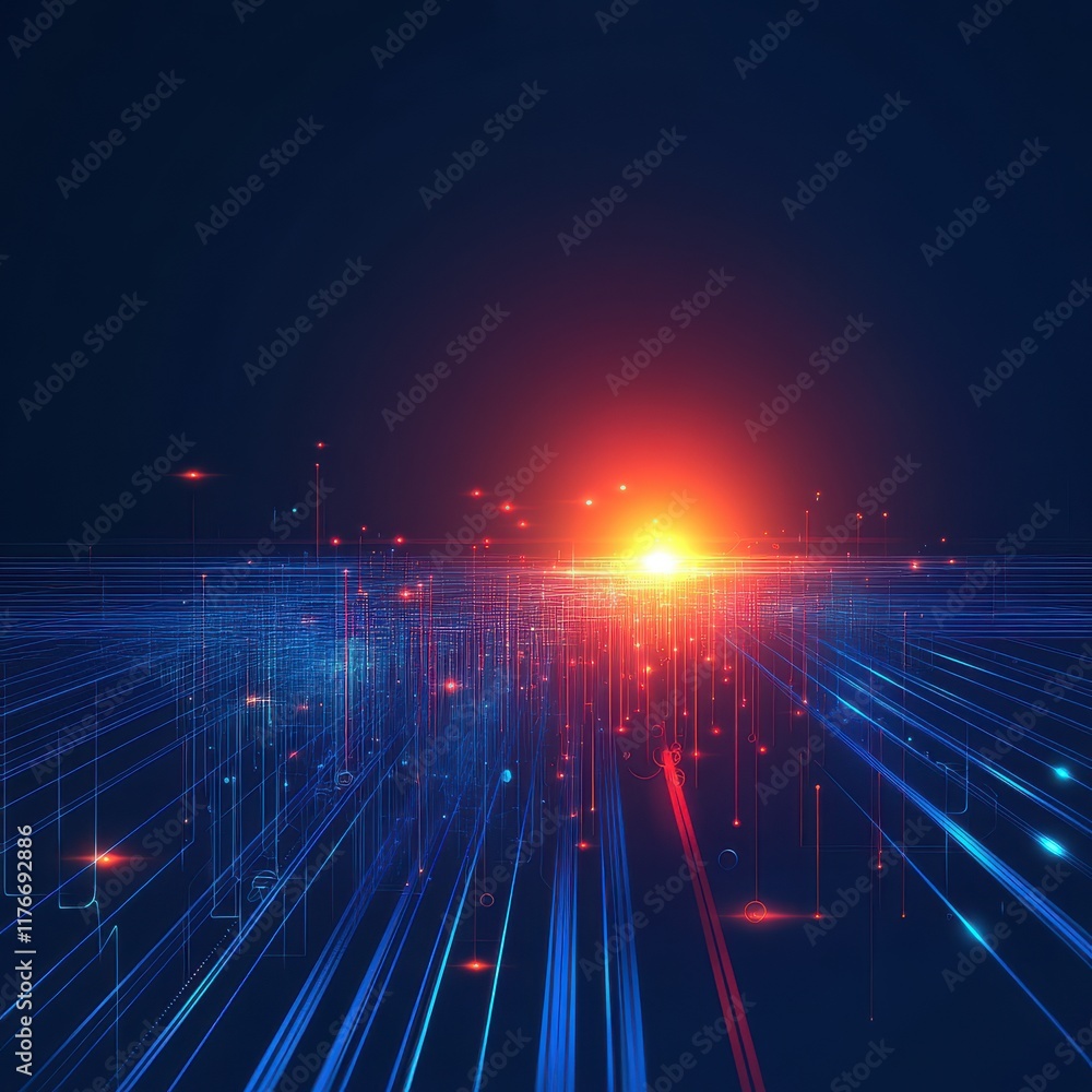 Poster a vibrant, abstract digital landscape with glowing lines and particles emanating from a central ligh