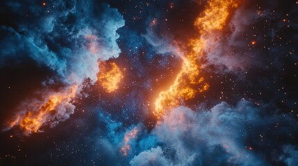 A captivating cosmic scene showcasing vibrant blue and orange clouds amidst a starry sky.