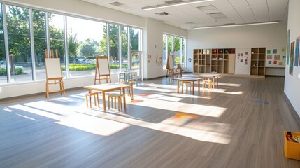 Collaborative learning space for art therapy community center interior design bright environment wide-angle view creative concepts