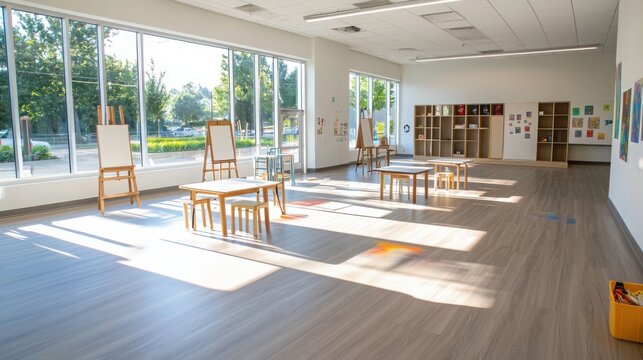 Collaborative learning space for art therapy community center interior design bright environment wide-angle view creative concepts