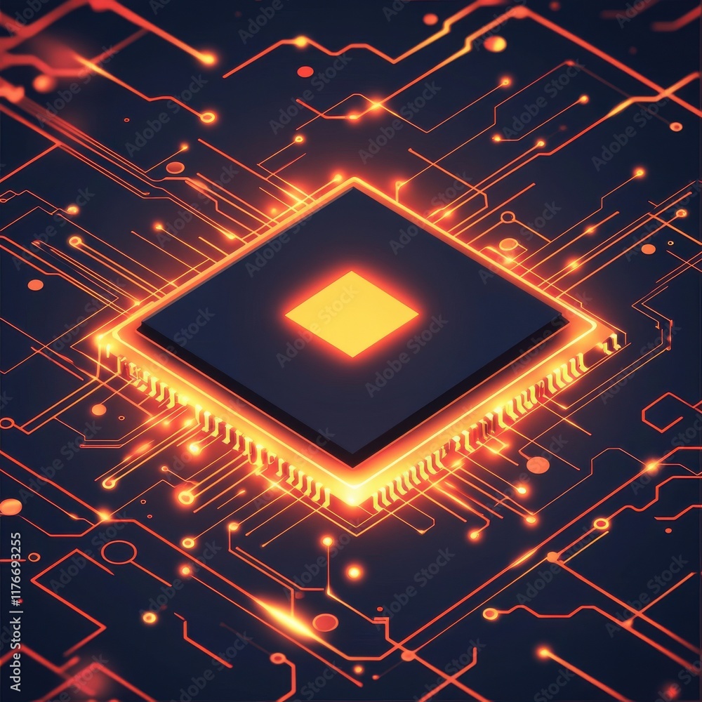 Poster futuristic microchip with glowing circuits, symbolizing advanced technology and innovation.