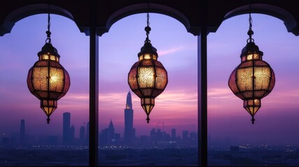 Obraz premium Intricately designed lanterns hang in silhouette against a stunning sunset, celebrating the spirit of Ramadan in a lively urban landscape