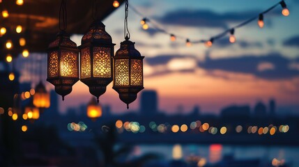 Colorful lanterns glow warmly as the sun sets, celebrating Ramadan with community gatherings and reflections by the tranquil river