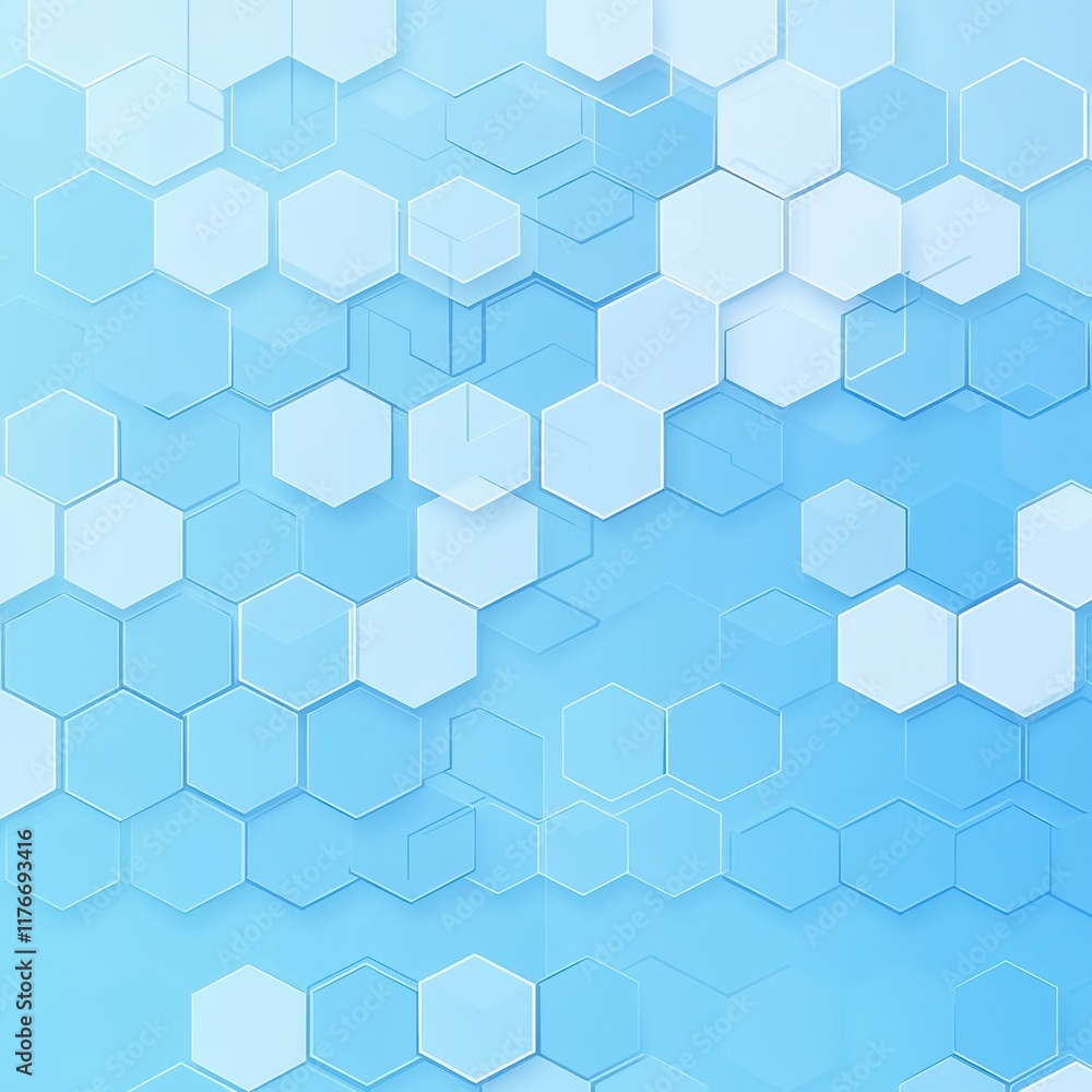 Poster abstract blue hexagonal pattern with transparent overlays creating a modern design.