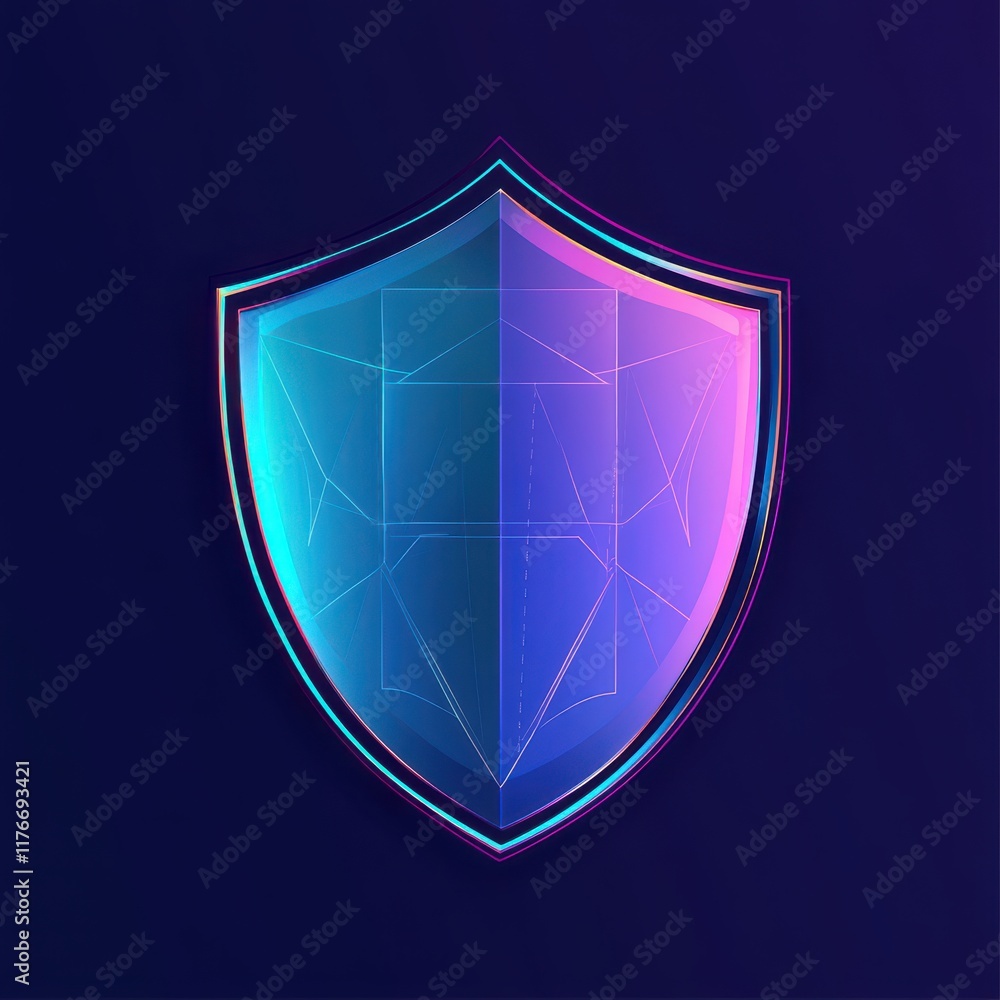 Poster futuristic shield icon representing security and protection in a vibrant gradient design.