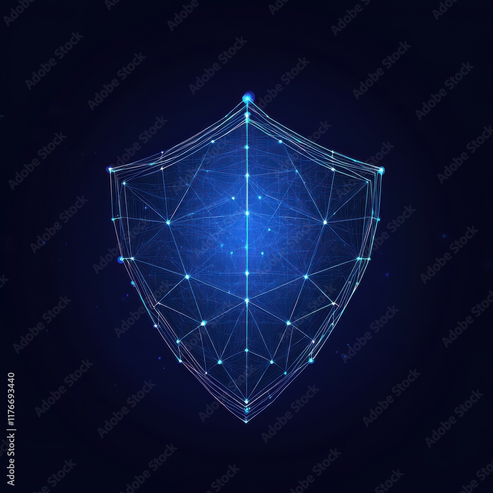 Poster a digital shield symbolizing cybersecurity with glowing blue lines and nodes on a dark background.