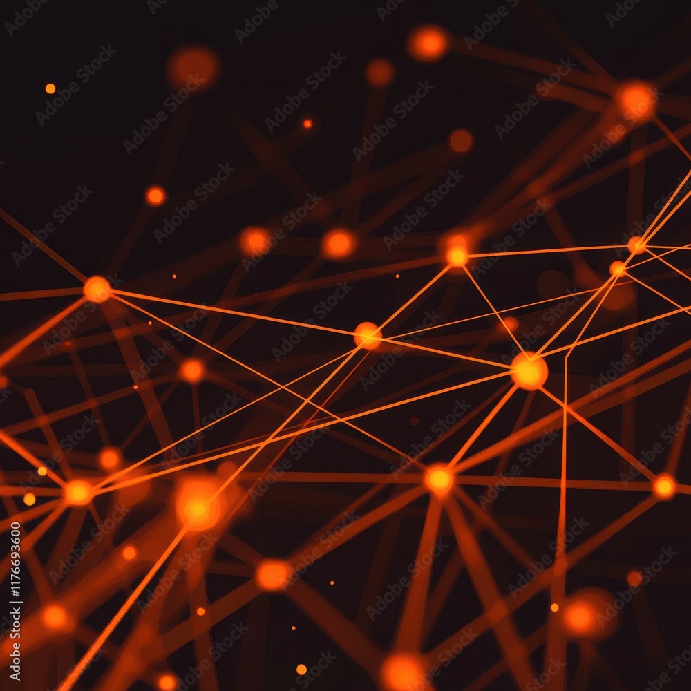 Poster a vibrant abstract design featuring interconnected orange lines and glowing nodes on a dark backgrou
