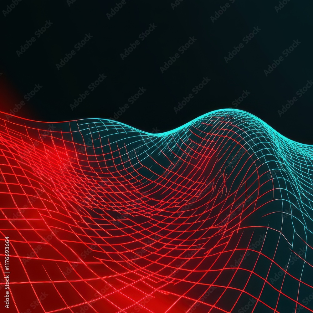 Aufkleber a mesmerizing digital wave pattern in red and cyan against a dark background.