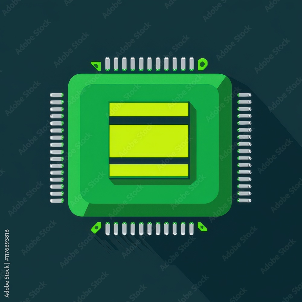 Poster a green computer chip icon with a modern design, symbolizing technology and innovation.