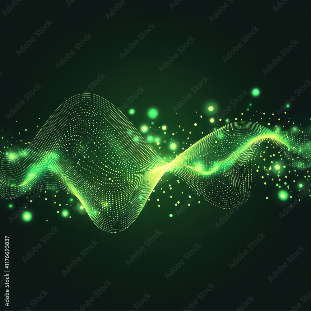 Poster abstract green wave with glowing dots on a dark background, creating a sense of motion and energy.
