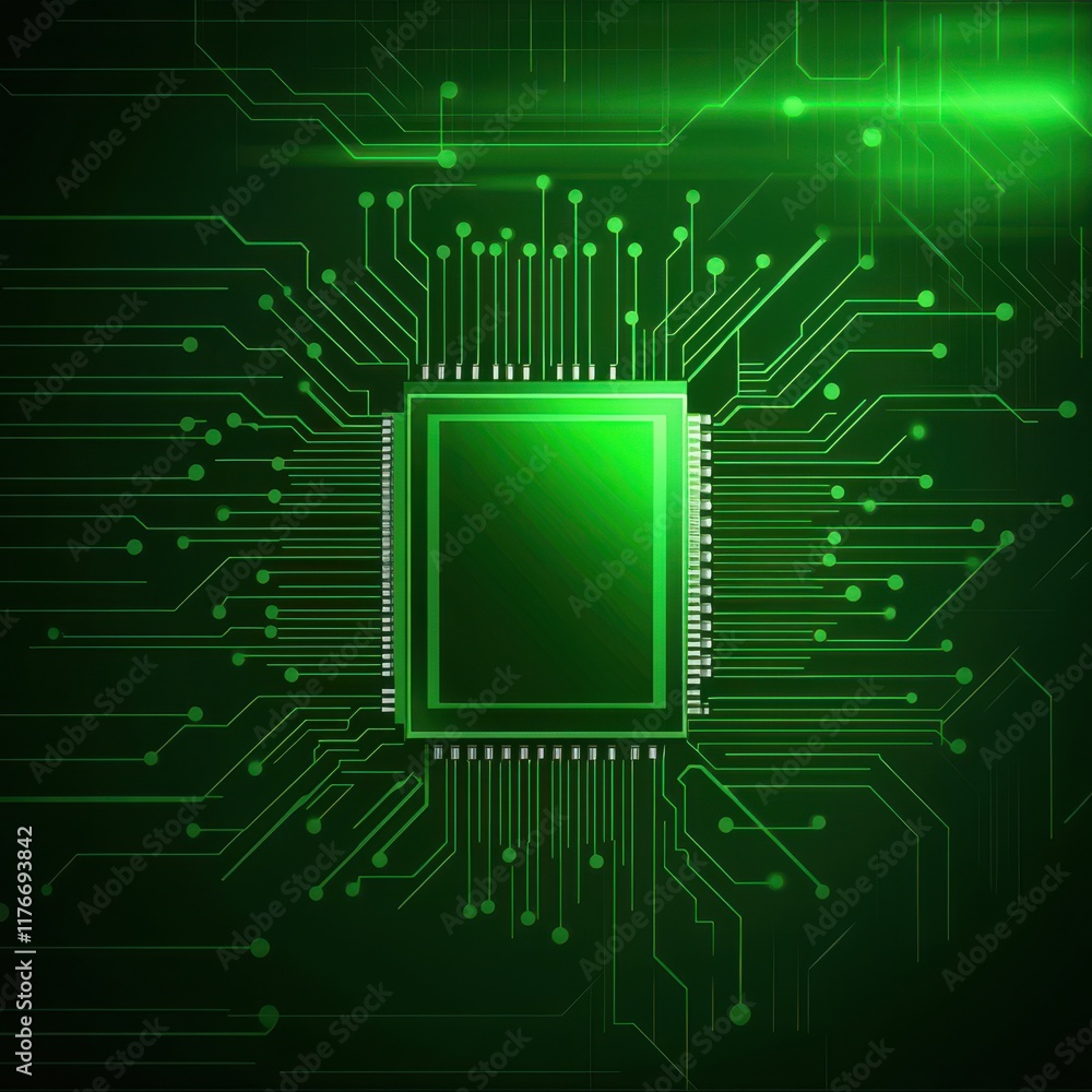 Poster a close-up of a green microchip surrounded by circuit patterns, symbolizing technology and innovatio