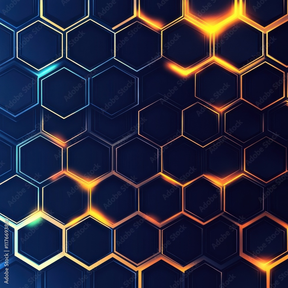 Poster a futuristic hexagonal pattern with glowing edges in shades of blue and gold, creating a vibrant dig