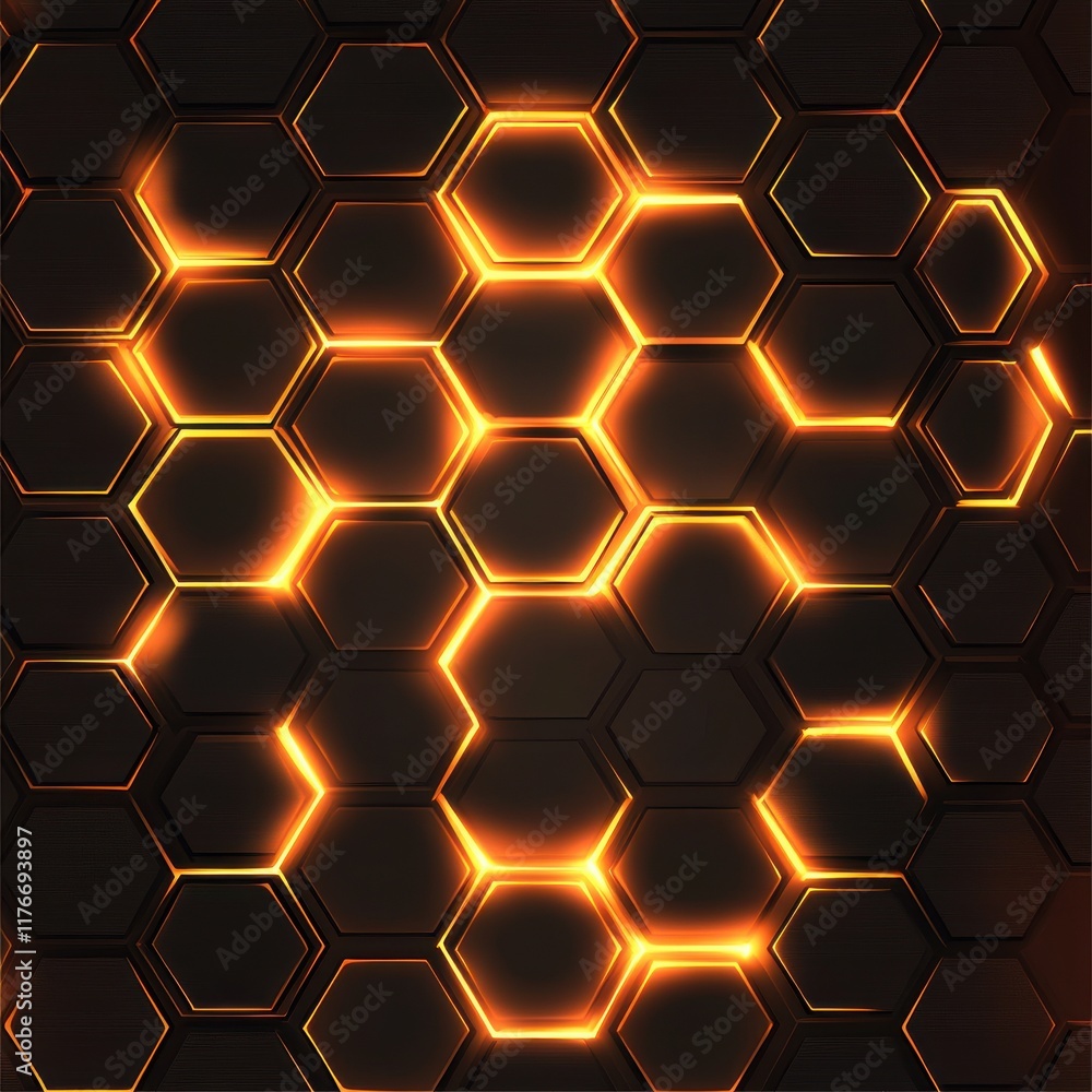Poster close-up of a glowing hexagonal pattern with warm orange hues against a dark background.