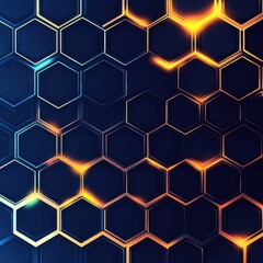 A futuristic hexagonal pattern with glowing edges in shades of blue and gold, creating a vibrant digital backdrop.
