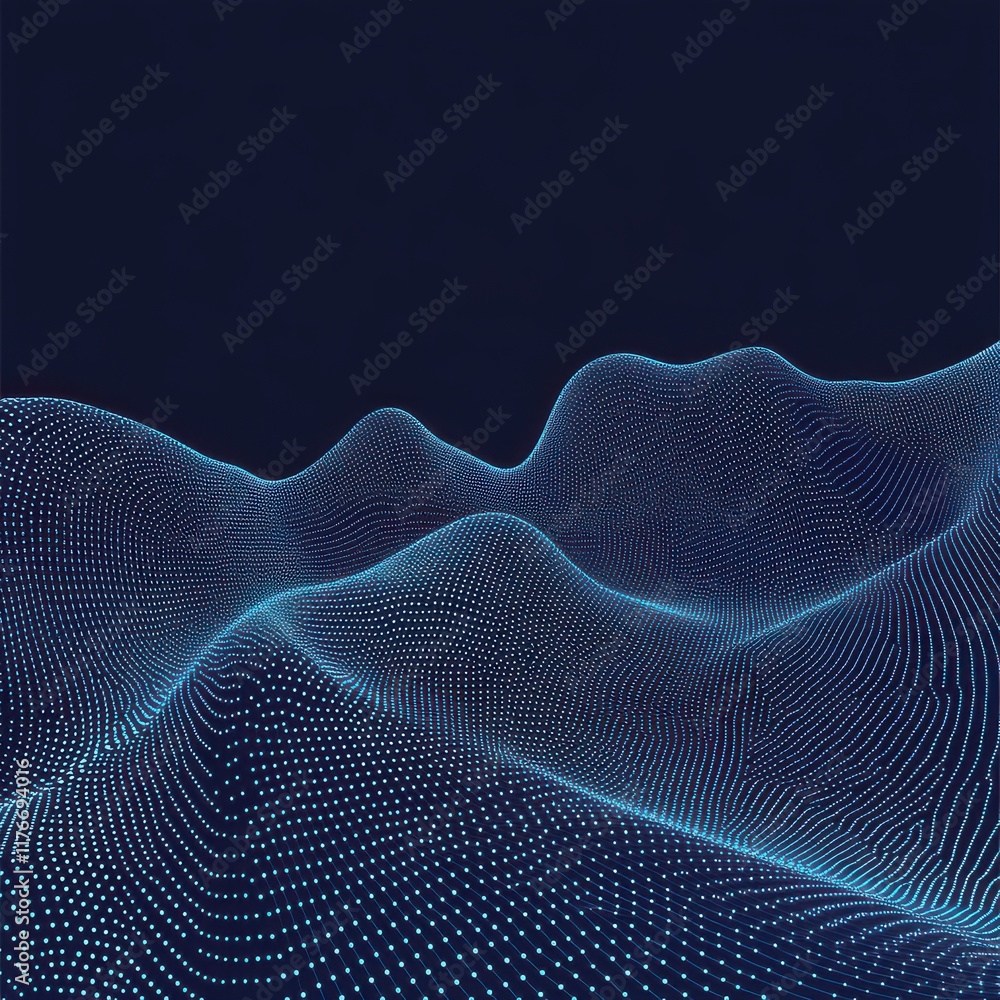Poster abstract digital landscape with glowing blue lines creating a wave-like pattern against a dark backg
