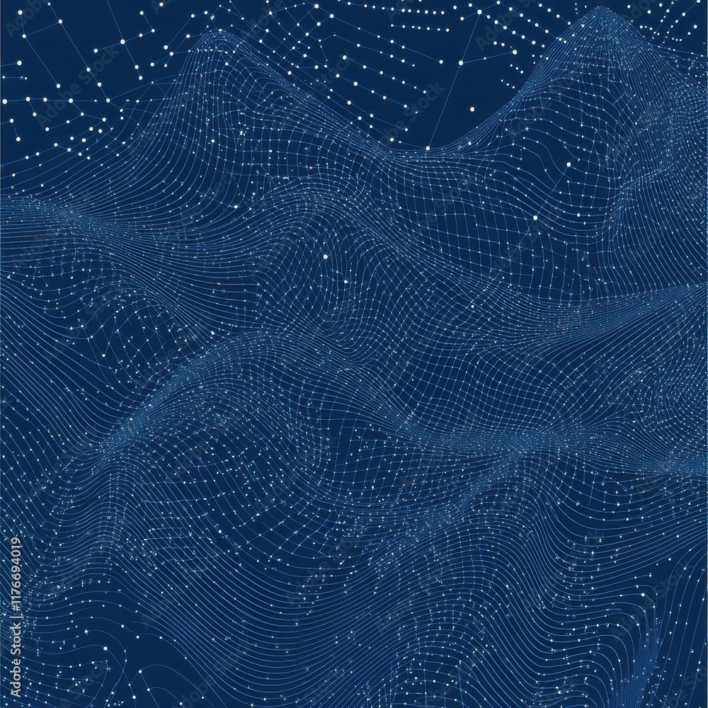 Poster abstract digital waves in blue, showcasing a network of interconnected points resembling a starry sk
