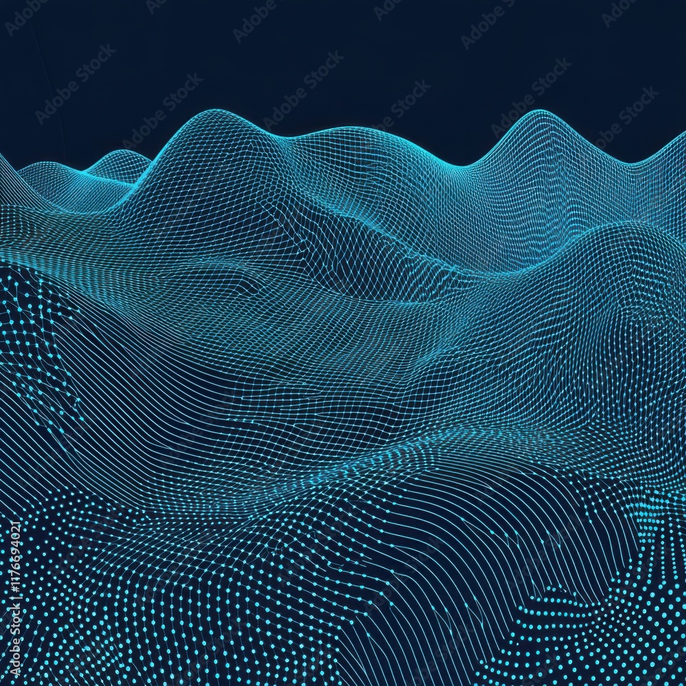 Poster abstract digital landscape with glowing blue lines and dots representing technology and connectivity