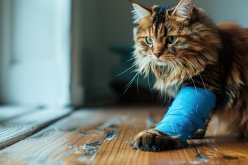 Bandage on front broken leg of a tabby kitten or a injured leg of a cat