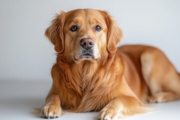 Full-body shot of a happy golden retriever dog lying down on a white background, captured with natural lighting in a studio setting.