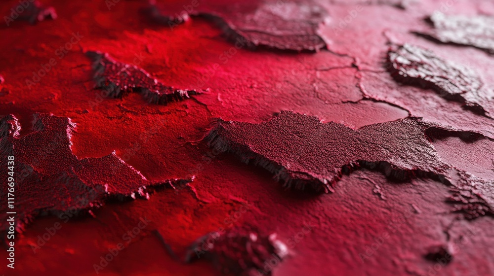 Poster close-up of textured red surface with cracked and peeling layers, creating an abstract, artistic app