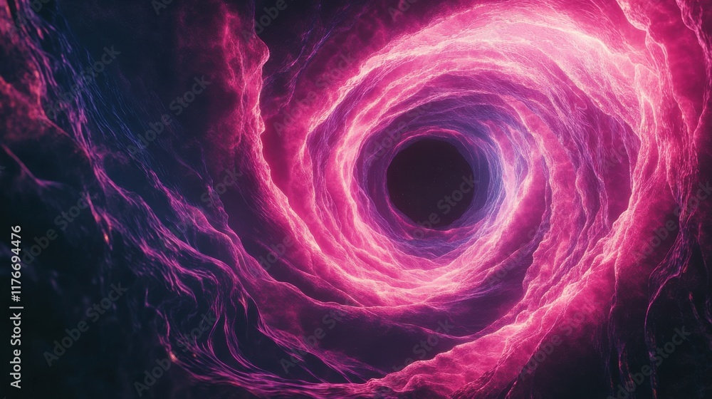 Poster a mesmerizing spiral of pink and violet light swirling around a dark void, creating a cosmic tunnel 