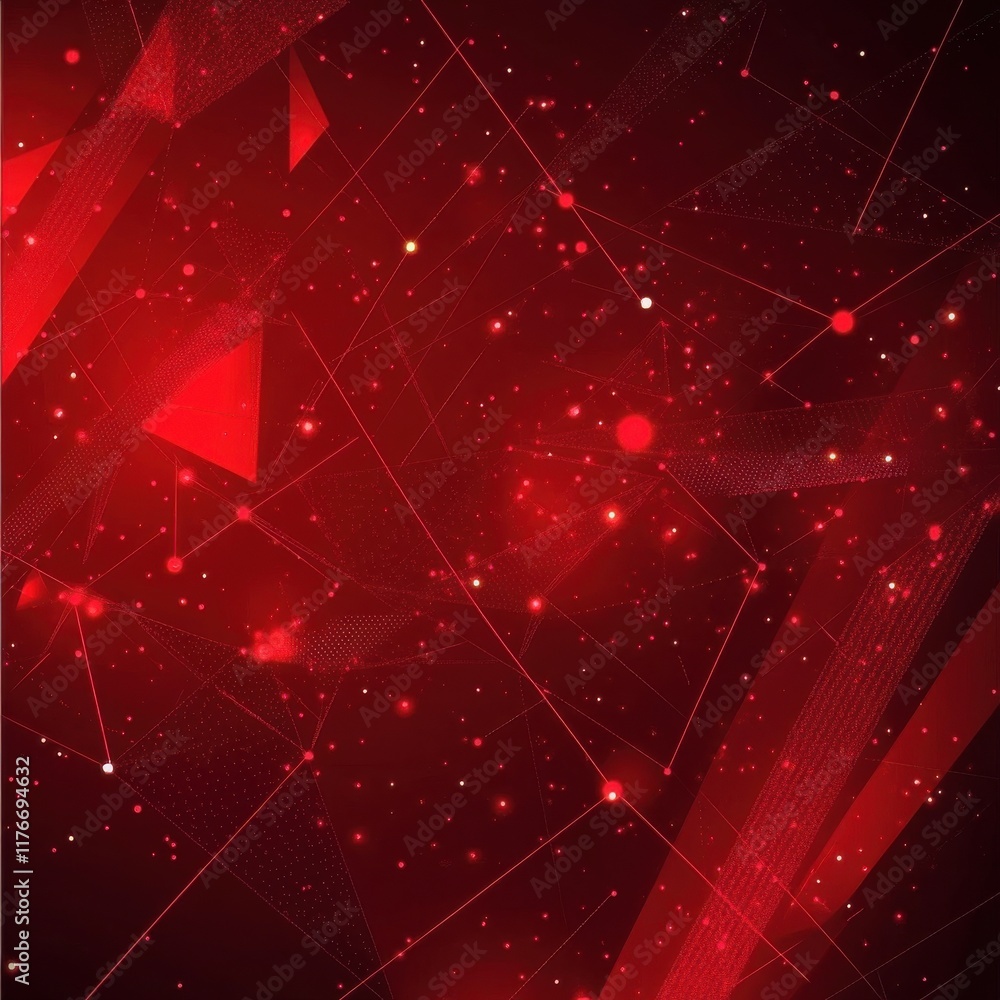 Poster vibrant abstract red background with geometric shapes and glowing particles, creating a dynamic atmo