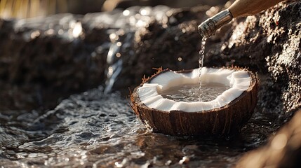A close-up of a coconut being drilled to release the water for collection