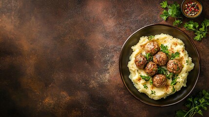 A rustic autumn presentation of Swedish meatballs with mashed potatoes and herbs, isolated on a rich brown background