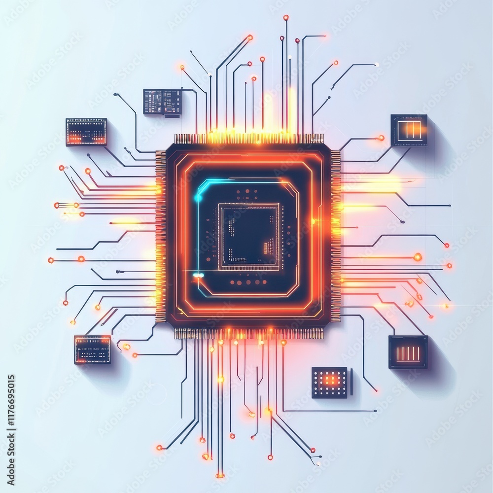 Poster futuristic computer chip with glowing circuits, showcasing advanced technology and digital innovatio