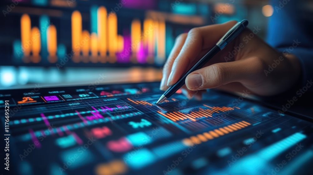 Poster analyzing financial data on a digital tablet closeup of a hand using a stylus to interact with chart