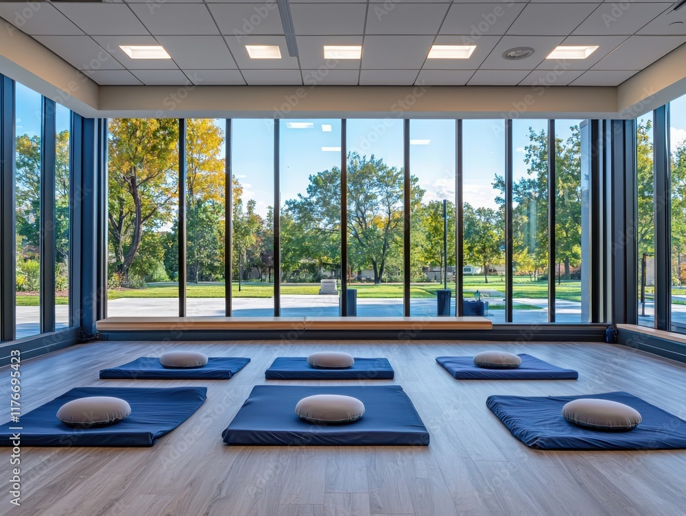 Poster mindfulness exercises and collaborative learning space for serenity and focus modern facility open e
