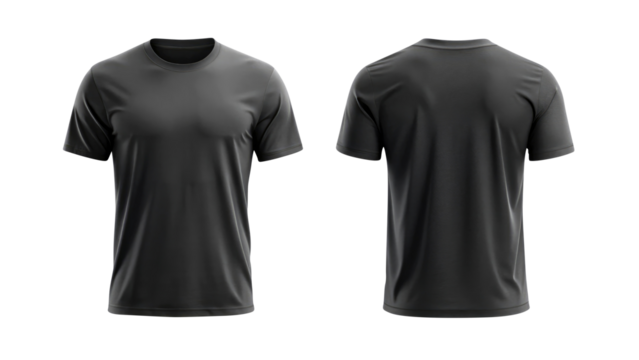 Black blank t shirt round neck template from two sides isolated on transparent white background, clipping path