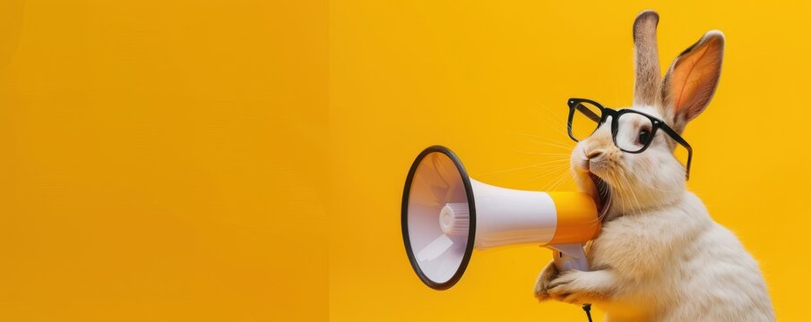 Squirrel announcing using megaphone. Notifying, warning, announcement.