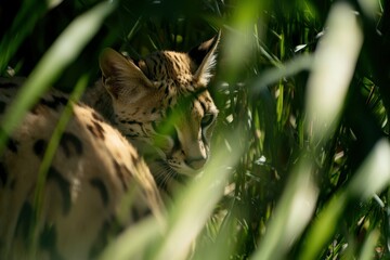 Obraz premium A dynamic shot of a serval cat stalking its prey in the tall grass