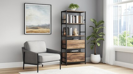 A contemporary Zoom room with a stylish bookcase, modern artwork, and light gray walls