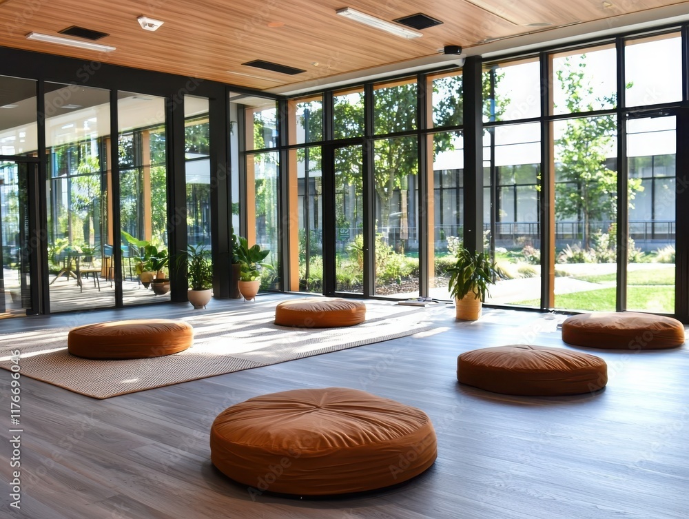 Poster mindfulness exercises in a collaborative learning space modern architecture indoor environment peace
