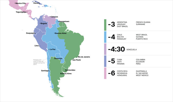 Time Zone Map Latin America, Timezone Map, South America Cities Timezone, Brazil, Argentia, Colombia, Central America time zone