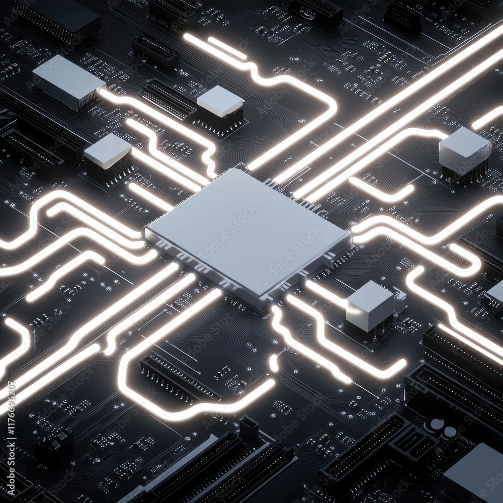 Aufkleber a close-up view of a computer circuit board featuring a metallic microchip and illuminated pathways.