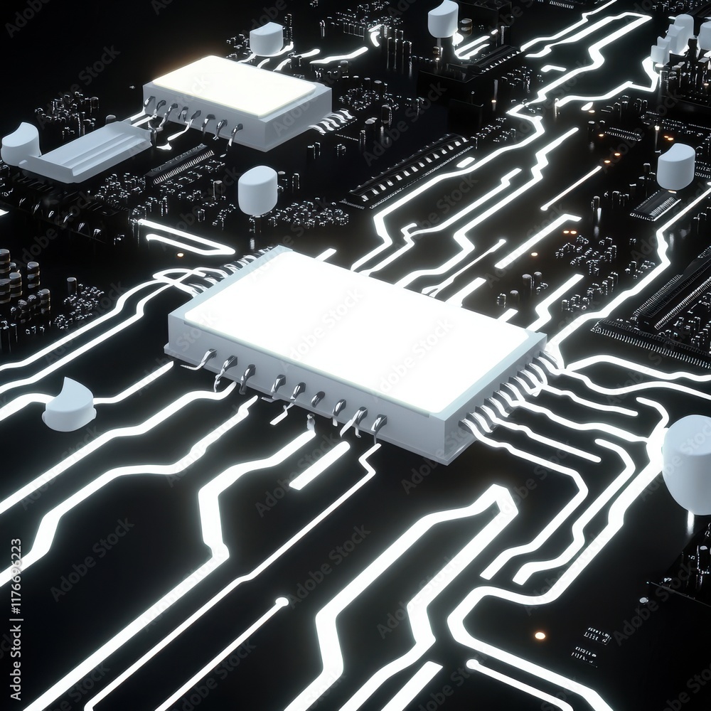 Poster abstract close-up of a sophisticated circuit board with glowing connections and intricate pathways.