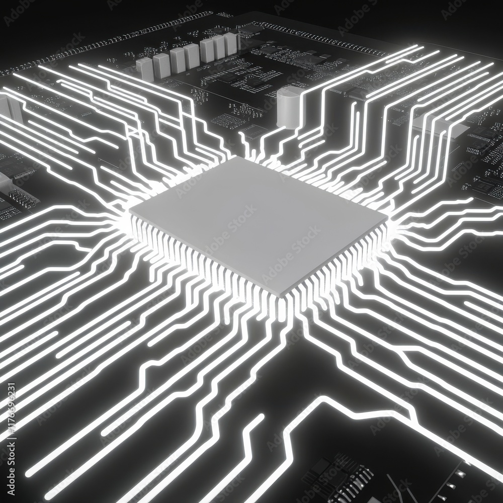 Poster a close-up of a futuristic microchip with glowing circuit patterns, symbolizing technology and innov