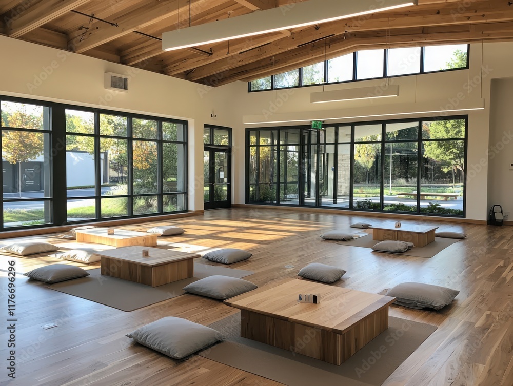 Poster collaborative learning space with mindfulness exercises in a tranquil environment modern architectur