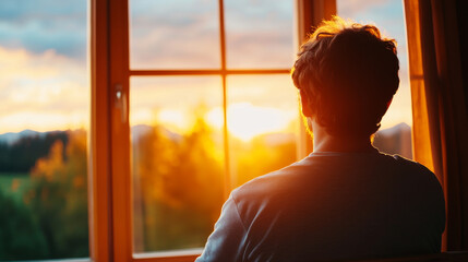 Male gazing outside a window during golden sunset. Tranquil scene signifies introspection, peaceful solitude, and connection with nature. Warm hues convey feelings of hope, mindfulness, and serenity.