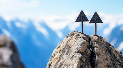 Two triangular arrows are placed on rocky top surfaces with a stunning blurred view of snow-capped mountains and a clear blue sky in the background, creating a peaceful and striking composition.