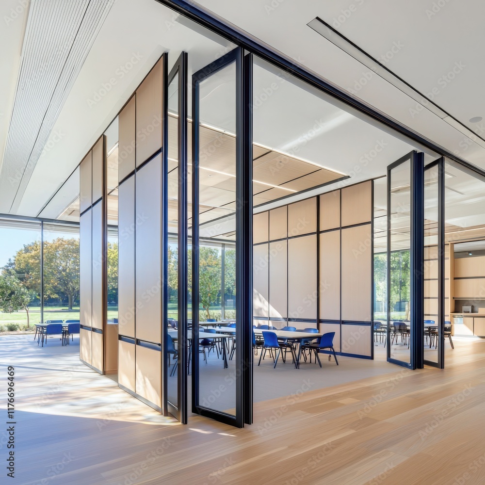 Poster innovative collaborative learning space with movable walls modern architecture open environment educ