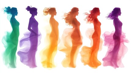 Colorful silhouettes of women in flowing dresses, showcasing movement and grace.